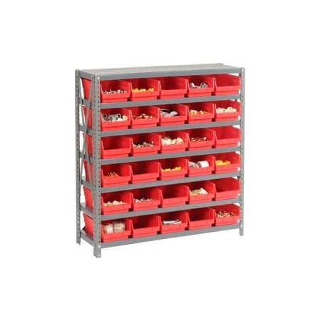 Global Equipment Steel Shelving with 30 4"H Plastic Shelf Bins Red, 36x18x39-7 Shelves 603435RD